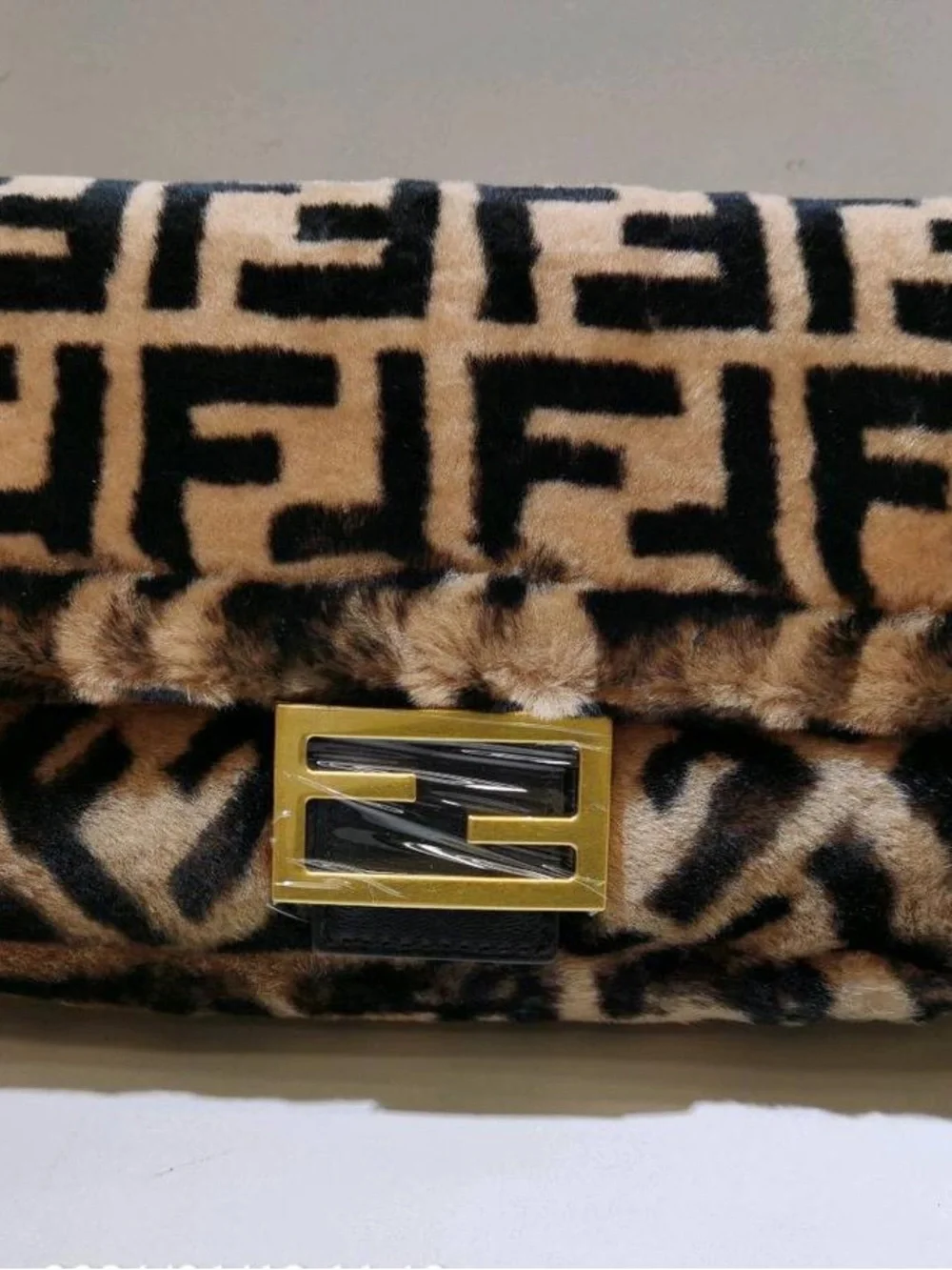 Faux Fur Logo-Pattern Shoulder Bag in Brown/Black